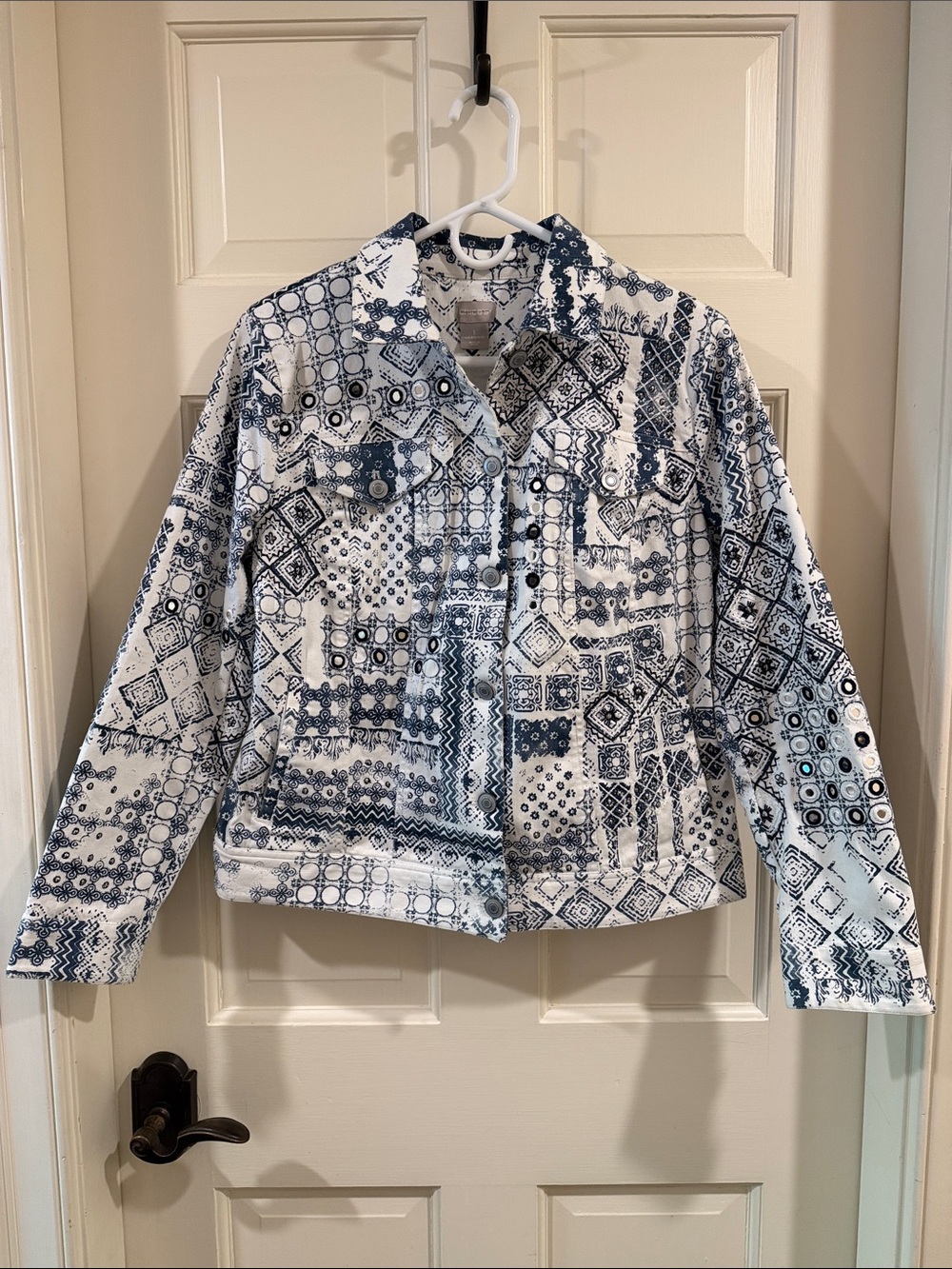 Chico's Patchwork Denim Jean Jacket White & Navy, Size 10/M
